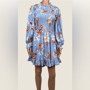 NWT Indikah Floral Blue and Red Dress Smocked Ruffle Back Tie Boho Chic,Small